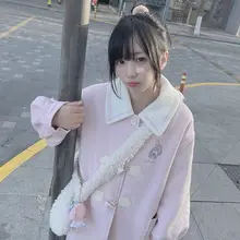 

Hello Kitty Fashion Girls Jacket Cute Anime Horn Button Series Woolen Jacket