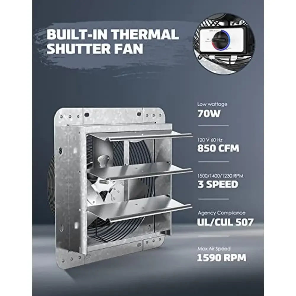 14" Wall Mounted Shutter Exhaust Fan with Thermostat Control 3 Speeds Home Attic Garage Ventilation 850 CFM Weather Resistant