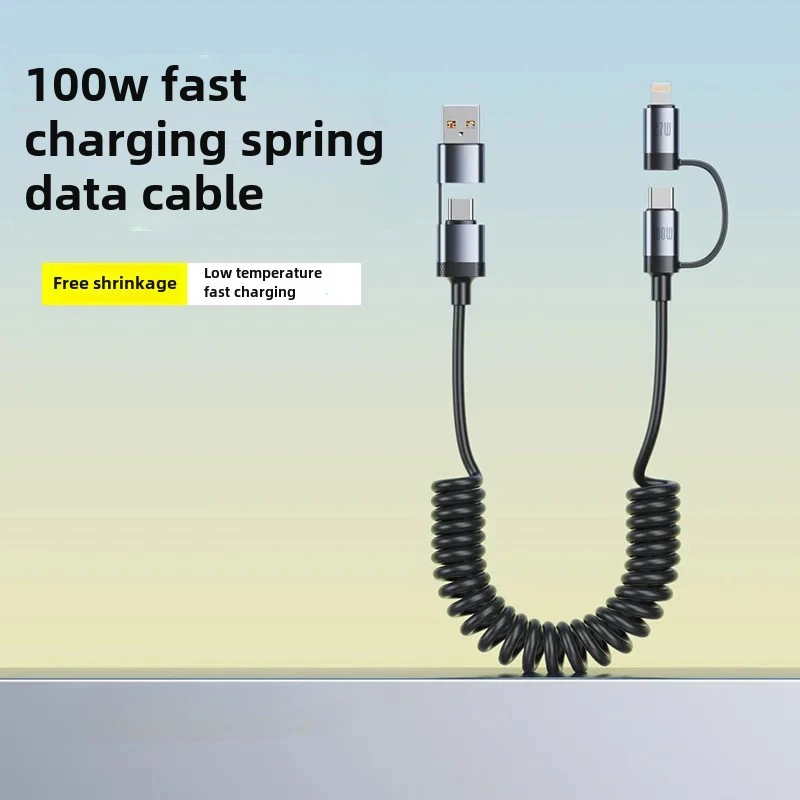 100W 스프링 데이터 케이블 USB 타입 C 아이폰 16 화웨이 삼성 6A 확장형 4-in-1 리트랙터블 USB C 고속 충전 케이블