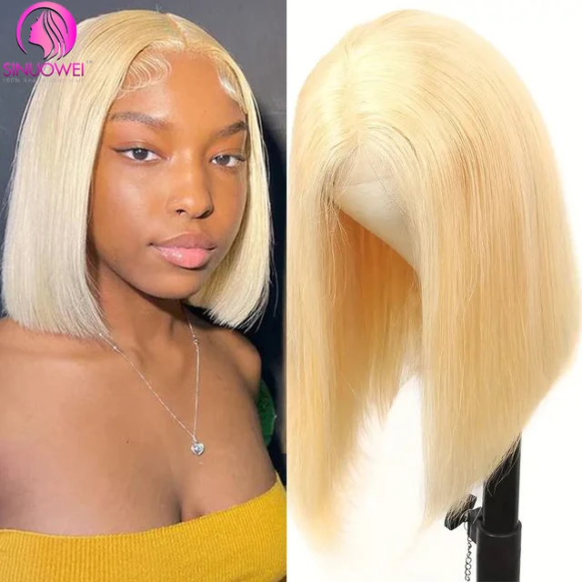 Perruque Bob Courte Lace Front 13x4 Transparente en Cheveux Humains Lisses 613 Couleur Blond Miel Brésilien 1