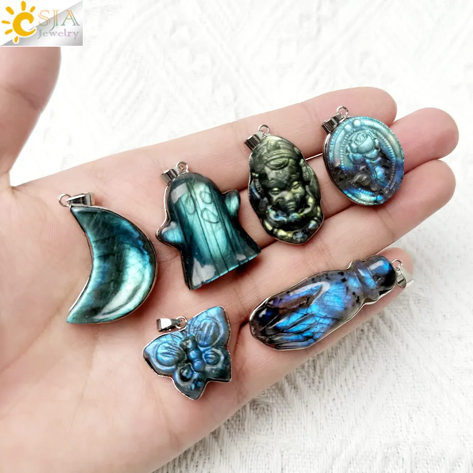Colgante de luna labradorita azul para collar, piedra Natural, corazón, mariposa, cristal tallado, energía curativa, joyería de Halloween H482