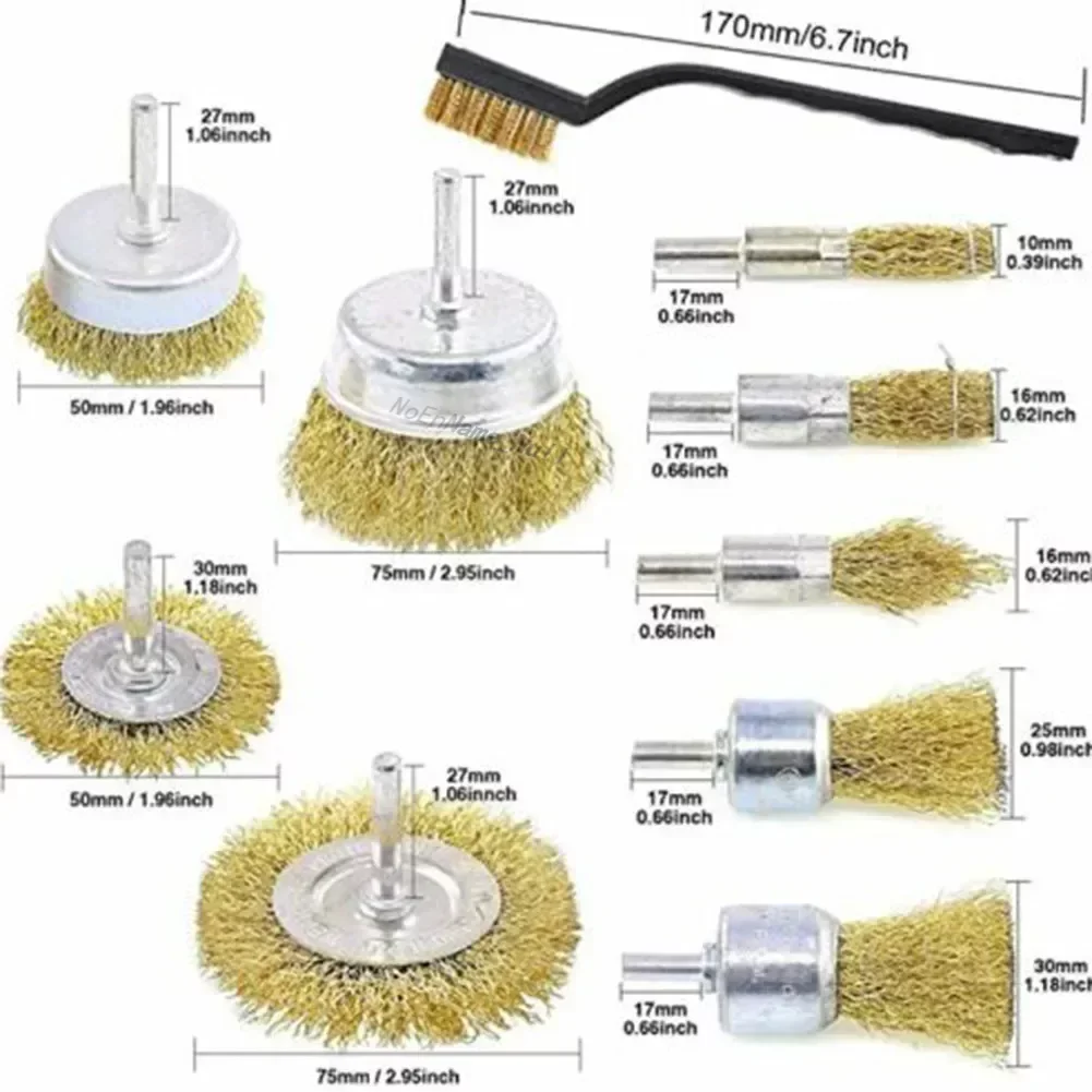 10pcs/set Brass Brush Wire Wheels Brushes Drill Rotary Tools Engraver Grinder Polishing Metal Rust Removal Brush Set Tools