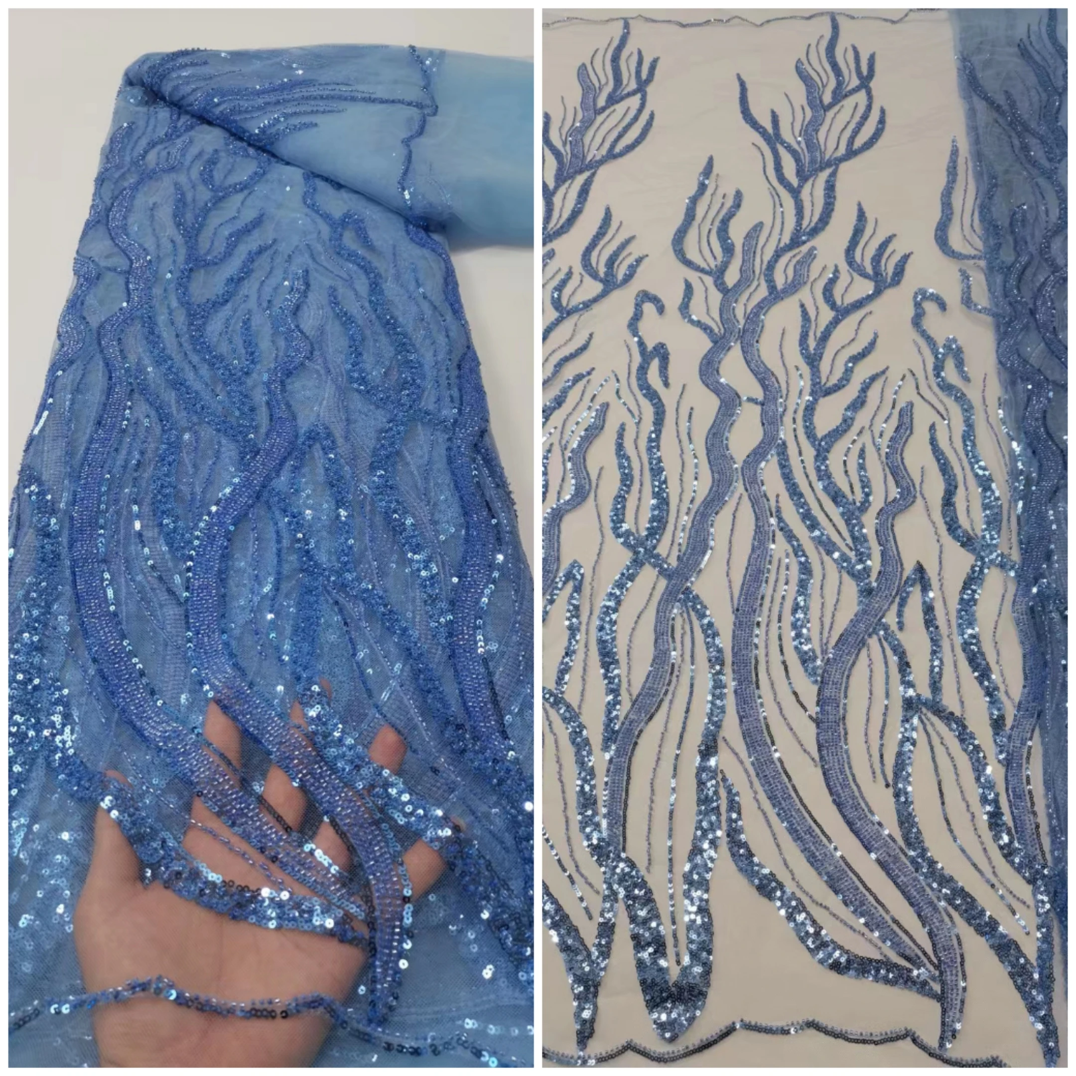 

Sky Blue Color Sequins 15SU-93301 New Unique Design Embroidery with Beads Nigerian Lace Fabric Tulle African Evening Dress