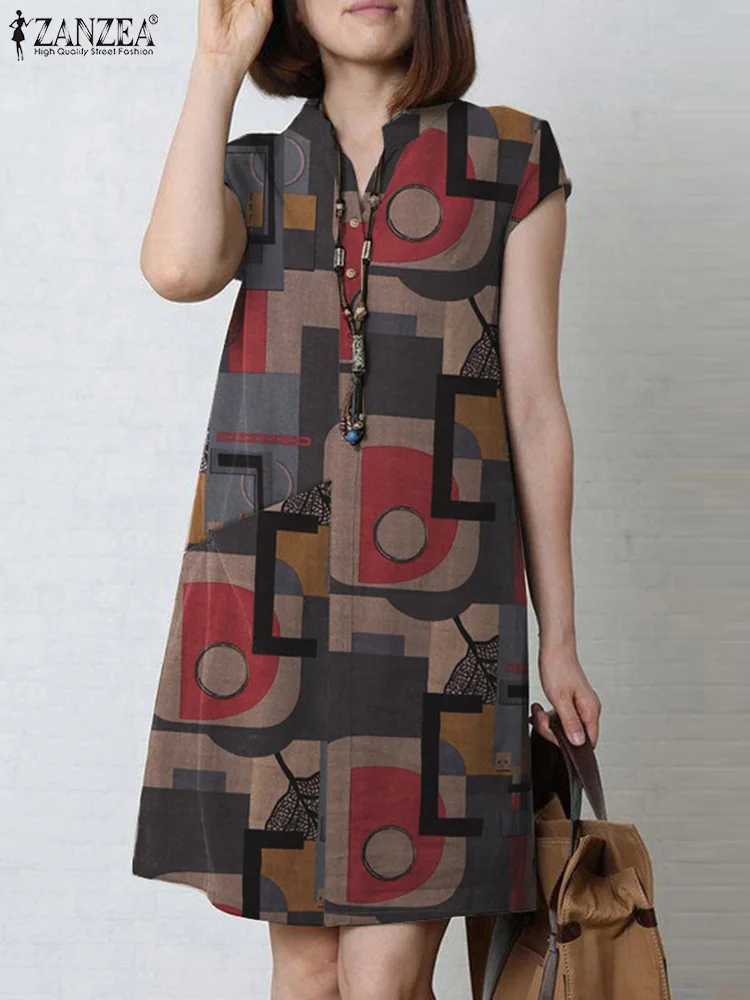 

ZANZEA Bohemian Floral Printed Dress Woman Fashion Party Sundress Short Sleeve V-Neck Dresses Casual Holiday Robe 2023 Oversized