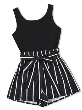 Women's Ribbed Crop Sleeveless Tank Top & Striped Print Belted Bag Waist Shorts SetFitted Comfort Scoop Neck Crop Tank & Shorts 1