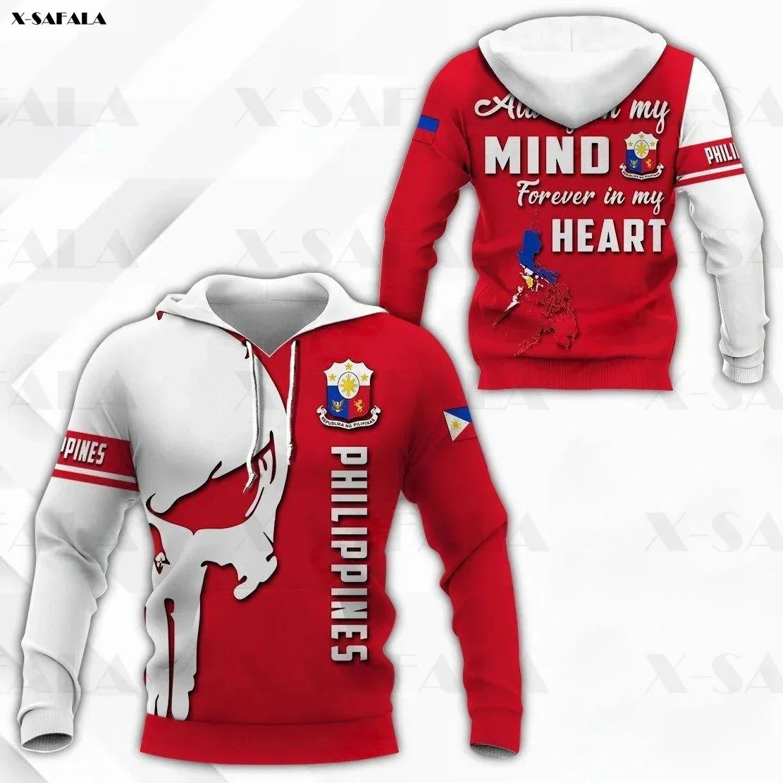 Philippines National Emblem Skull Country Map Flag 3D All Printed Hoodie Man Women Harajuku Zipper Pullover Sweatshirt Jacket 4