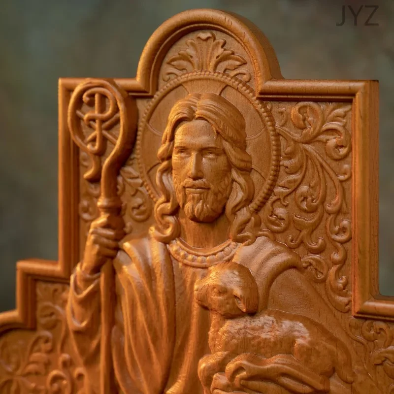 Religious Catholic Saint Jesus Statue of Good Shepherd Wood Plaque Carved Wall Art Decoratio