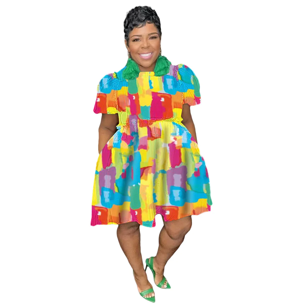 Plus Size Loose Elegant Dress Women Print Puff Sleeve Pretty Cloth Female Casual Wide Gowns 2023 Summer New In Party Dress