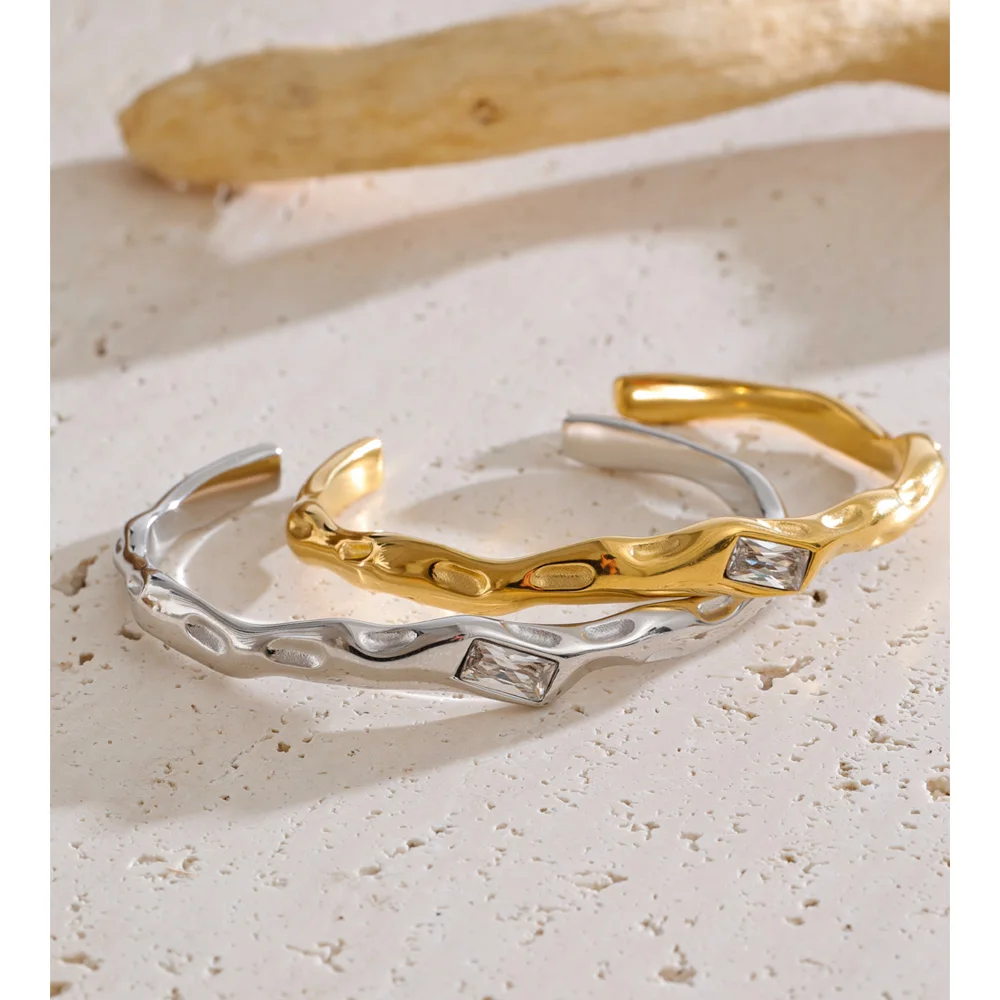 Yhpup 60mm Stainless Steel Zirconia Cuff Bracelet