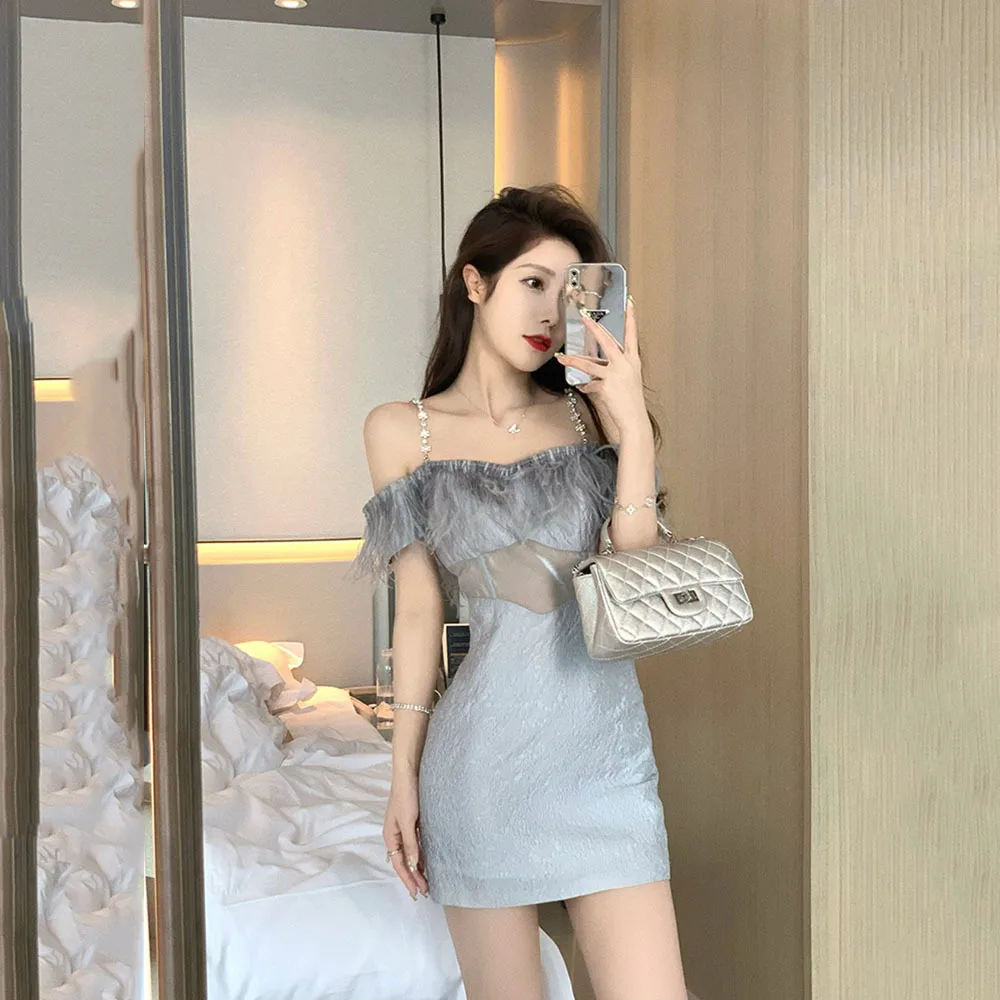 2022 Women Ostrich Feather Dress Wedding High-End Sexy Solid Fluffy Mini  Dress