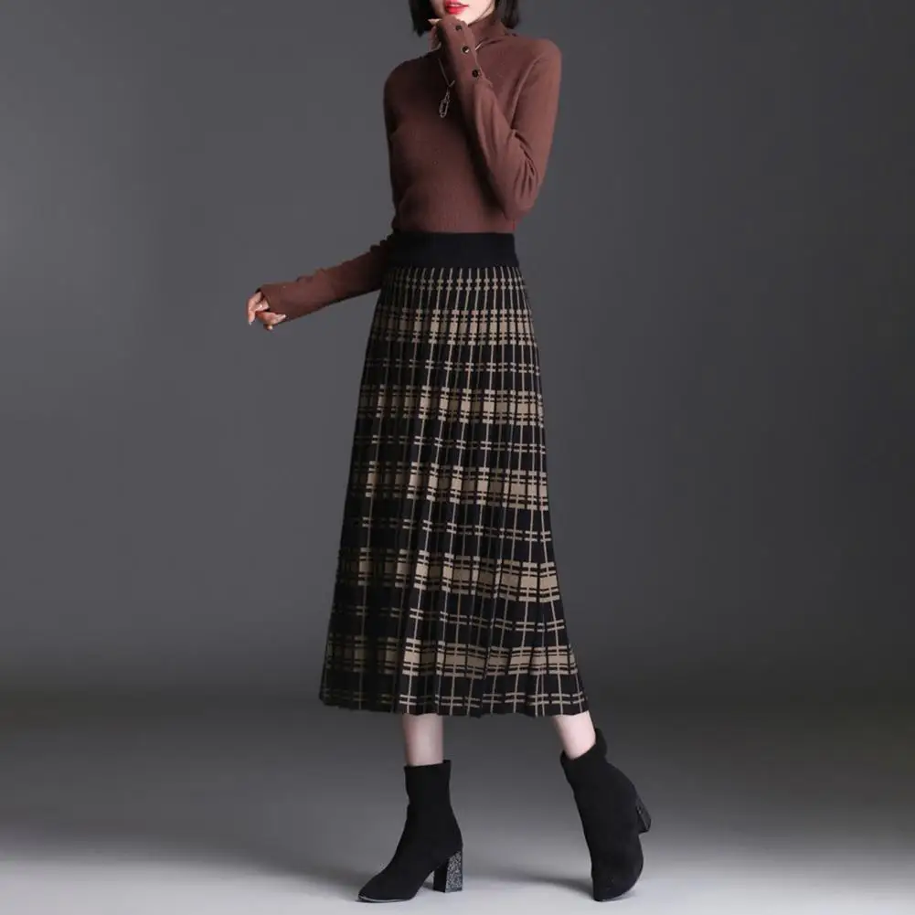 

Mid Length Knit Skirt Stylish Women's Knitted Pleated A-line Midi Skirt Cozy Winter Fashion for Dating Daily Commute Elastic