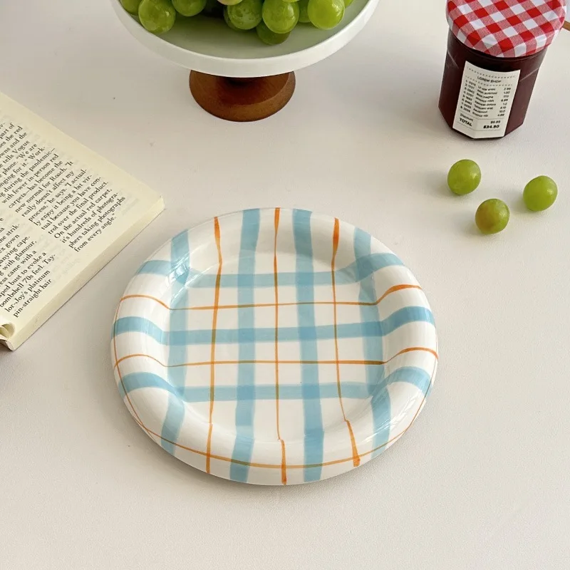 Ceramic Arts Ins Wind Sand Pull Plate Girl Heart Color Lattice Dim Sum Breakfast Dessert Plate Western Food Fruit