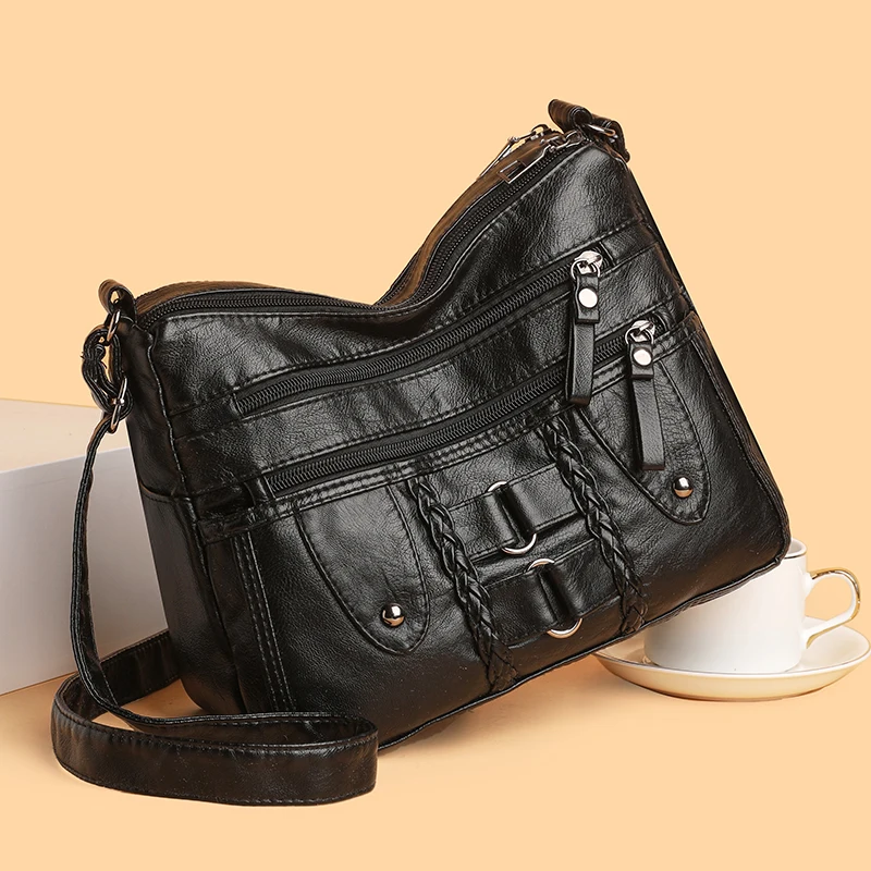 Retro multi pocket crossbody bag, soft synthetic leather shoulder bag, women's bag, with adjustable shoulder strap