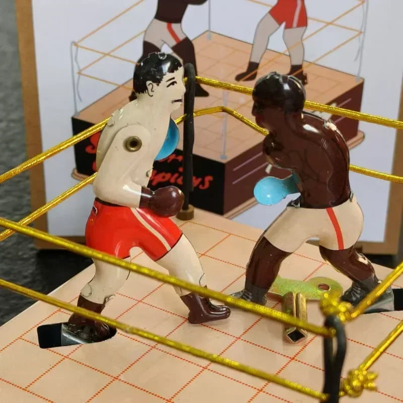 [Funny] Adult Collection Retro Wind up toy Metal Tin arena champions boxer Boxing ring game Mechanical toy Clockwork figures