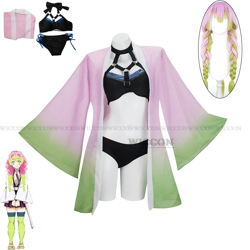 

Anime Kanroji Mitsuri Cosplay Swimsuit Cardigan Swimsuit Set Summer Sexy Bikini Beach Cosplay Costume Pink Wig Cute Role Playing