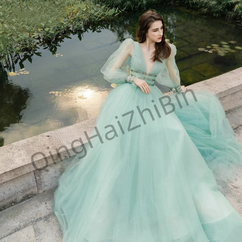 

Illusion Prom Gown Mint Green Tulle Lace Long Sleeves Prom Dresses V Neck Floor Length Evening Gowns Formal Party Dress