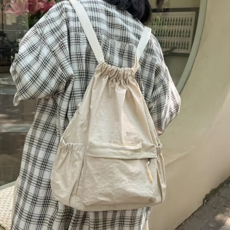 E8FB Trendy Canvas Drawstring Backpack Large Capacity School and Travel Bag for Teens and Adults Solid Color Daypack Book Bag 3