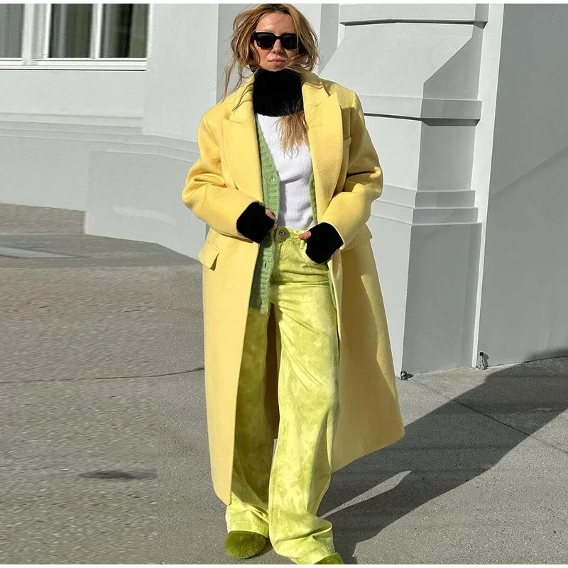 Fashion Woolen Long Coat Women Autumn Full Sleeve Button Fake Pocket Split Yellow Overcoat Elegant Oversize New in Outwear