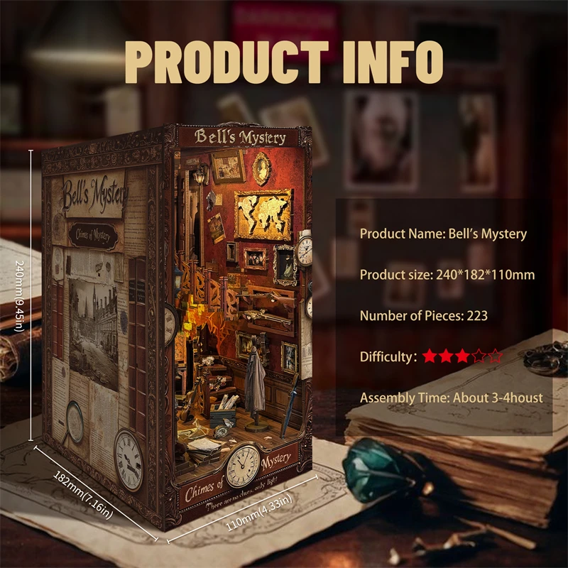 DIY Wooden Bell's Mystery Book Nook Shelf Insert Miniature Model Kits Bookshelf with Light Bookend for Friends Birthday Gifts 2