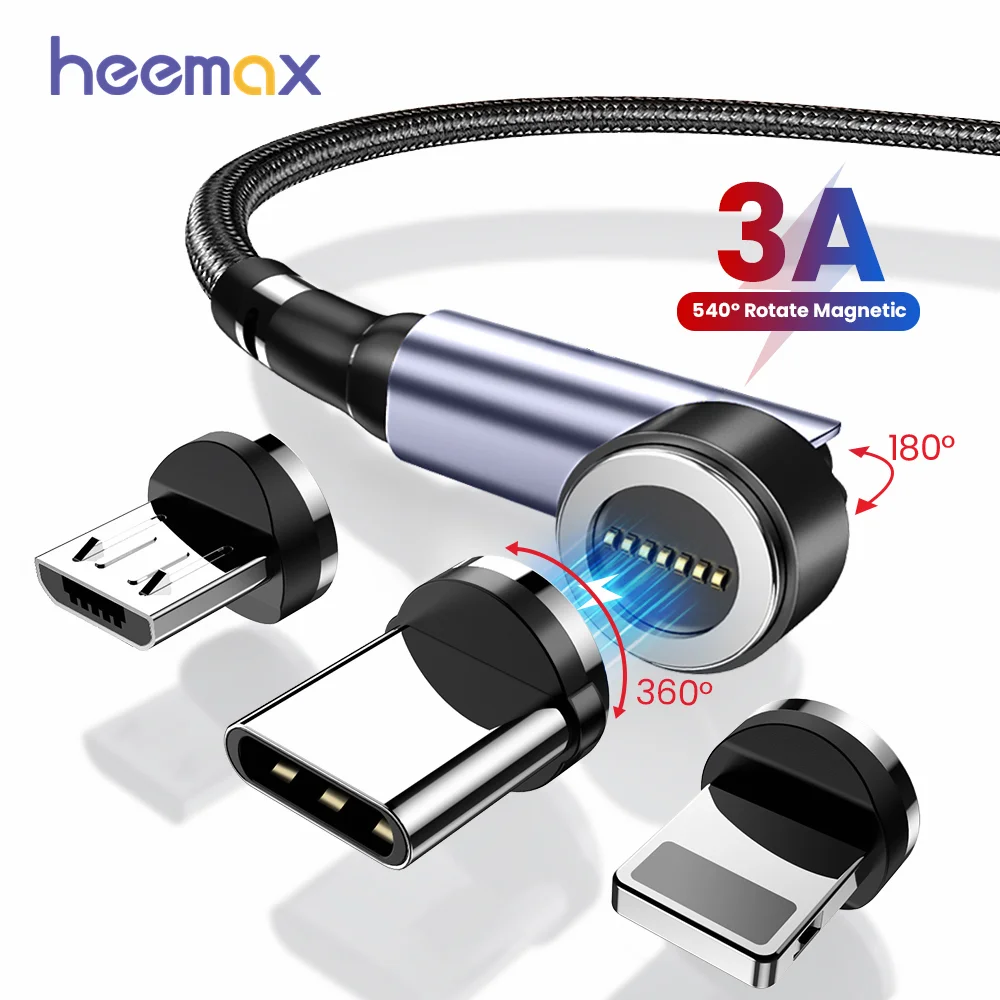Магнитный кабель для быстрой зарядки, 3 А, Micro USB Тип C, поворот на 540 градусов, для Xiaomi, iPhone, OPPO