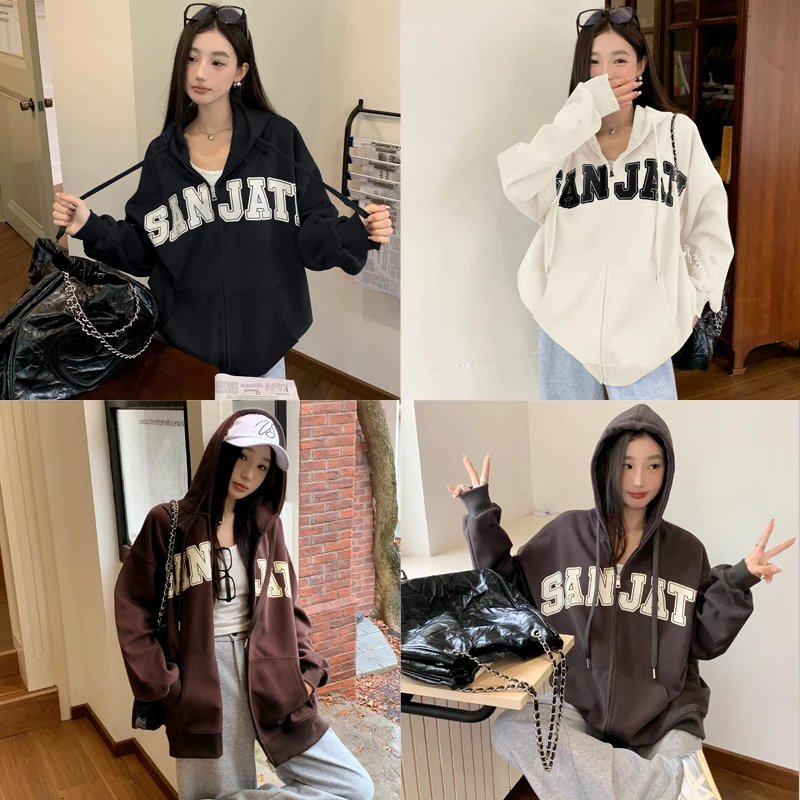 Autumn and Winter Pregnant Women's Cardigans with Hats Letters Casual Loose Oversized Jackets