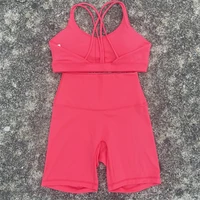 Solid Color Soft Women Gym Yoga Short Cycling Set Cross Back Gym  Bra+High Waist Short Leggings High impact shockproof Sportwear - Image 3