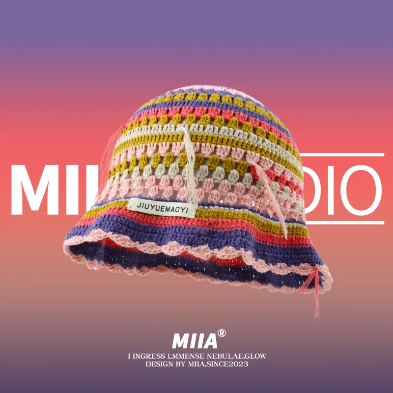 

Niche Designer Bucket Hats Korean Version Hand Crochet Hollow Dopamine Color Line Stripe Contrasting Color Retro Women's Caps