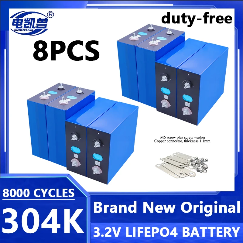 

duty-free 8pcs 3.2V 304AH 304K Lifepo4 Battery 8000 Deep Cycle 12V 24V 48V EV Boats Golf Cart Home Solar Storage Syste Cell