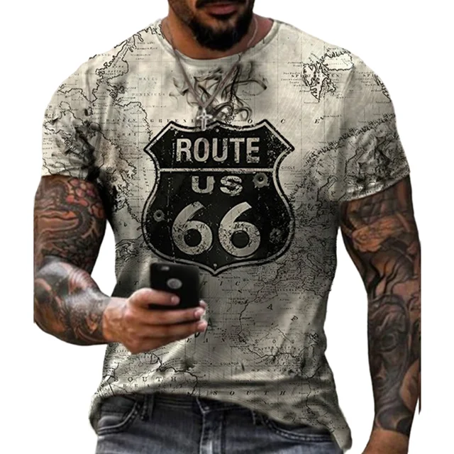 Summer New Mens T Shirts Oversized Loose Clothes Vintage Short Sleeve Fashion 66 Letters Printed O Collared Tshirts Route 66 Men Z 1CB-7