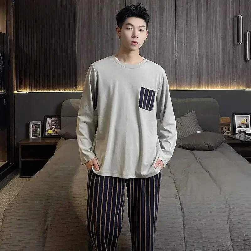 New Autumn Men's Pajama Set Double Pocket Comfortable Loose Fit Casual Style Simple Design Sleepwear Male Nightwear