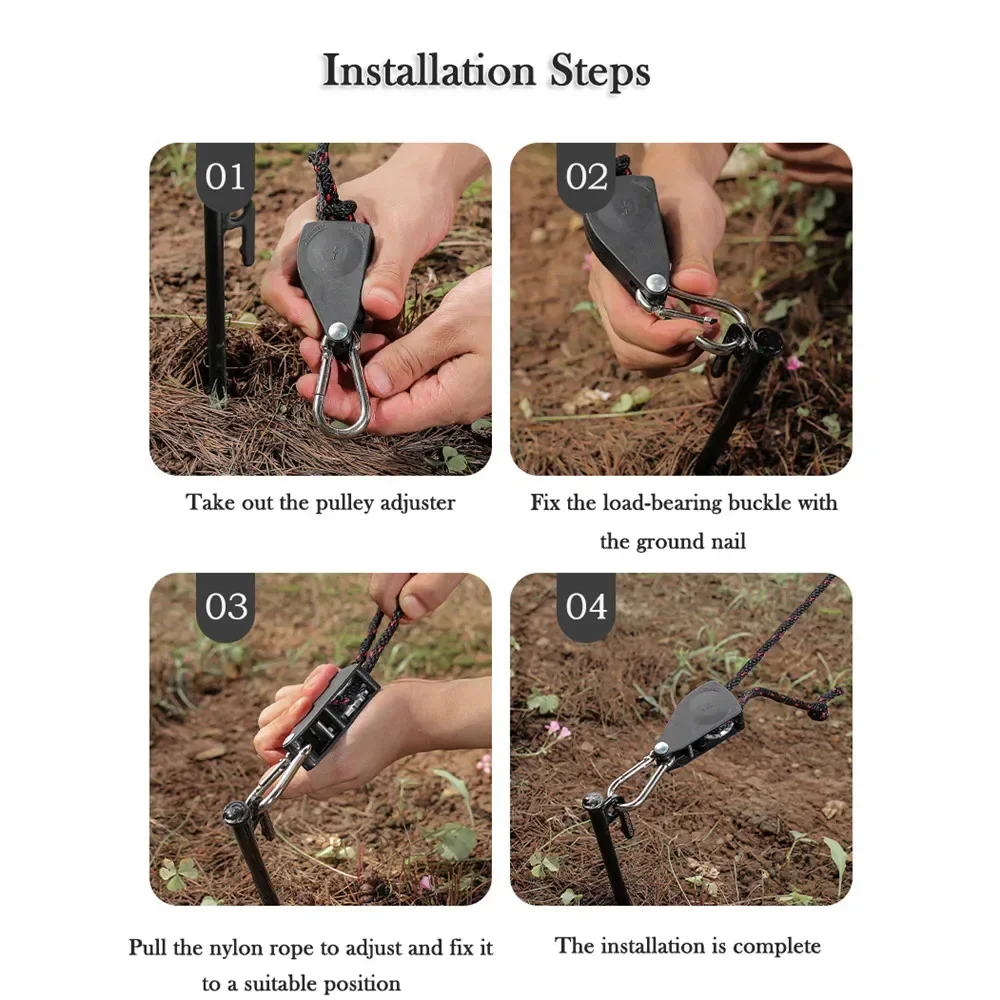 4Pcs Tent Wind Rope Tensioner Adjustable PulleyCarabiner Camping Hiking Outdoor Nylon Rope Fastener Stopper Tightene