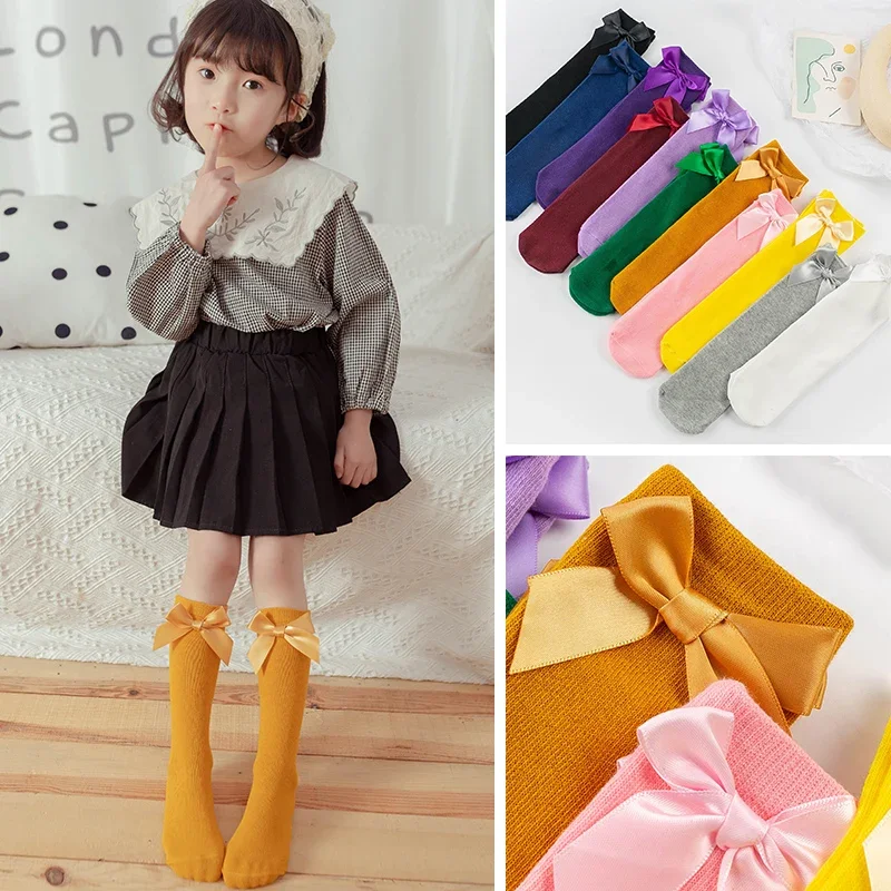 3-12 Years Summer Candy Color Bow Solid Color Tube Socks Children's Cotton Mosquito-proof Student Dancing Cute Socks