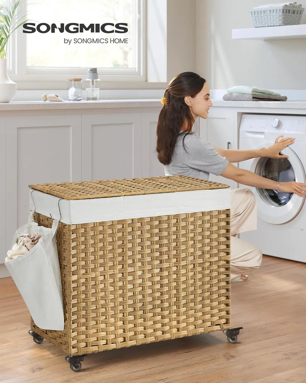 Large Rolling Laundry Hamper with Lid, 3-Section Basket, Removable Liner, Wheels for Easy Mobility