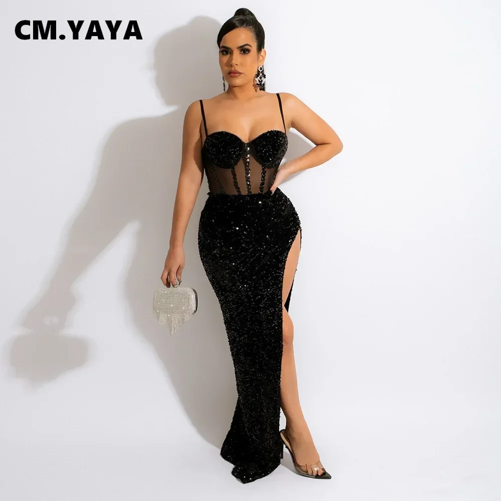 CM.YAYA Women Mesh Patchwork High Side Split Sequin Bodycon Midi