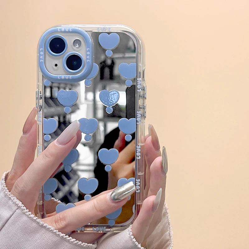 Korean Blue Love Heart Makeup Mirror Phone Case for iPhone