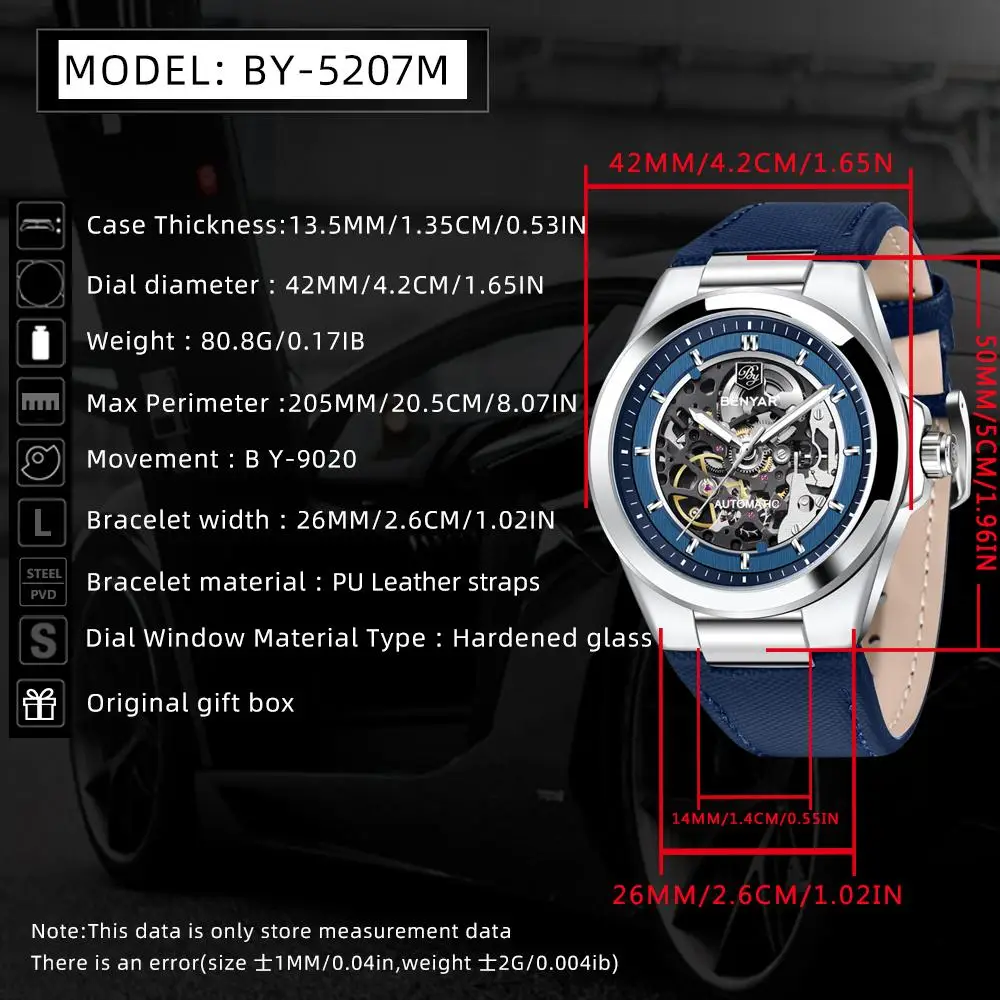 Benyar Skeleton Automatic mechanical wristwatch Fashion Classic Watch Alloy daily waterproof watch BY5207 Hombre reloj