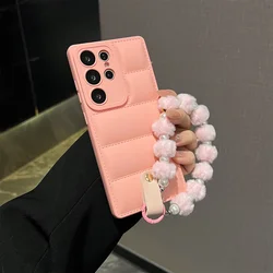 Down Jacket Wrist Strap Phone Case with Enhanced Protection - Galaxy S23 Ultra (Pink)