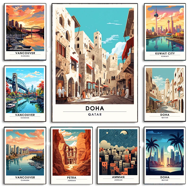Abu Kuwait Dhabi Doha Dubai Amman Jordan Vancouver Arab World Travel Poster Canvas Painting Wall Art Picture For Room Decor