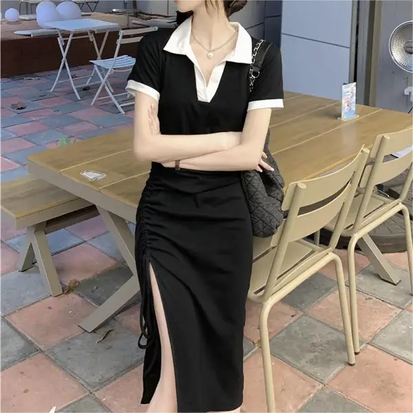 

Black Drawstring Shirt Dress for Women 2024 Summer Fashion Casual Short Sleeve Draped High Split Midi Dresses