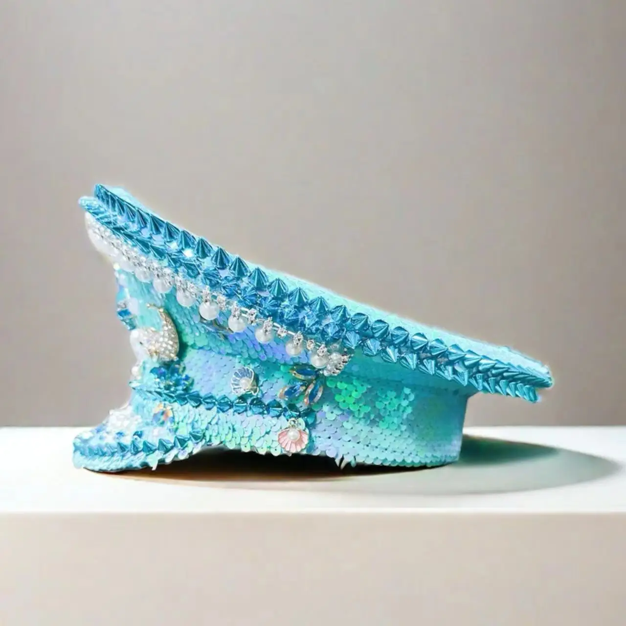 Summer Blue Whelks Bling Captain Hat Rhinestone Captains Hat for Men Steampunk Handmade Burning Man Military Cap Unisex