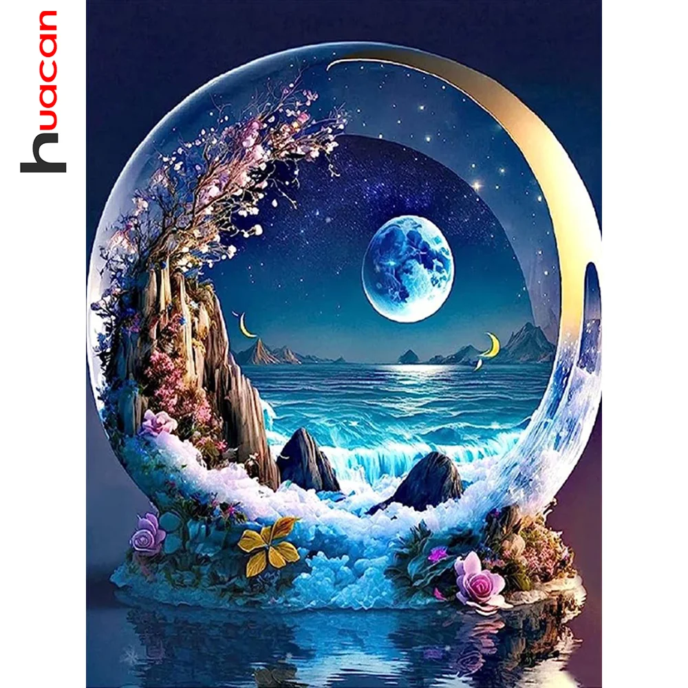 Huacan Diamond Painting Kits Seaside Moon Landscape Full Square Round  Embroidery Mosaic Natural Scenery Home Decor - AliExpress