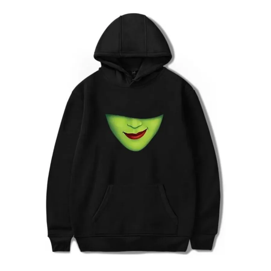 black hoodie with minimalist green Elphaba face and red lips design