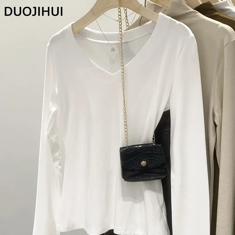 

DUOJIHUI White Sexy V-neck Long Sleeve Slim Women T-shirts Basic Office Ladies Fashion Simple Casual Solid Color Female T-shirts