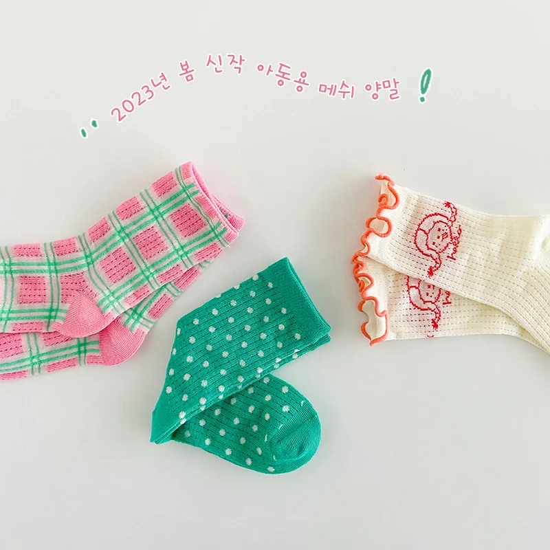 Spring Summer Socks Children Mesh Socks Kids Girls Calf Length Polka Dots Socks 3 Pairs/bag 5