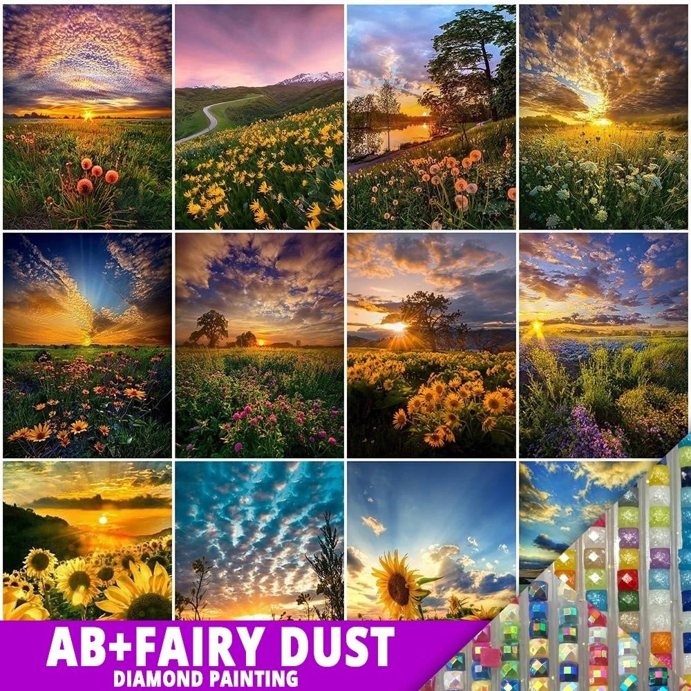 

AB Fairy Dust Diamond Painting 5D Embroidery Landscape Mosaic Sunset Picture Of Rhinestones Flowers Decor Full Drill DIY Crafts