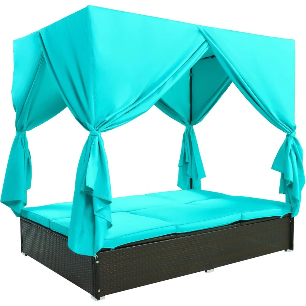 Outdoor Daybed Wicker Sunbed with Rectangular Canopy Curtains and Adjustable Seats, Patio Furniture Set Sectional Sofa