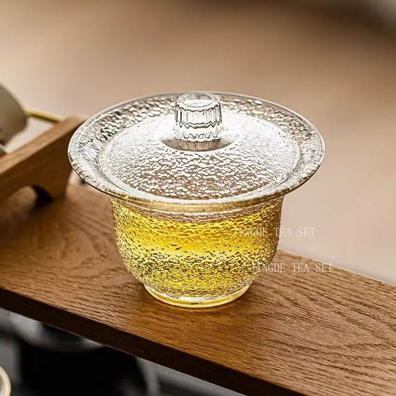 San Cai Gai Bowl Tea Cup 3pcs Set Tea Bowl Kungfu Teaset Glass Thickened Tropical Resistant Lid Tea Bowl Teaset Accessories
