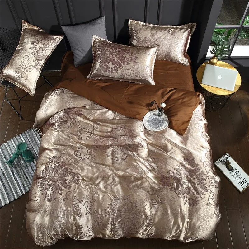 

Jacquard Satin Rich Silky Duvet Cover Set 4Pcs Full Queen Silver Golden Soft Microfiber Comforter Cover Bed Sheet 2 Pillowcases