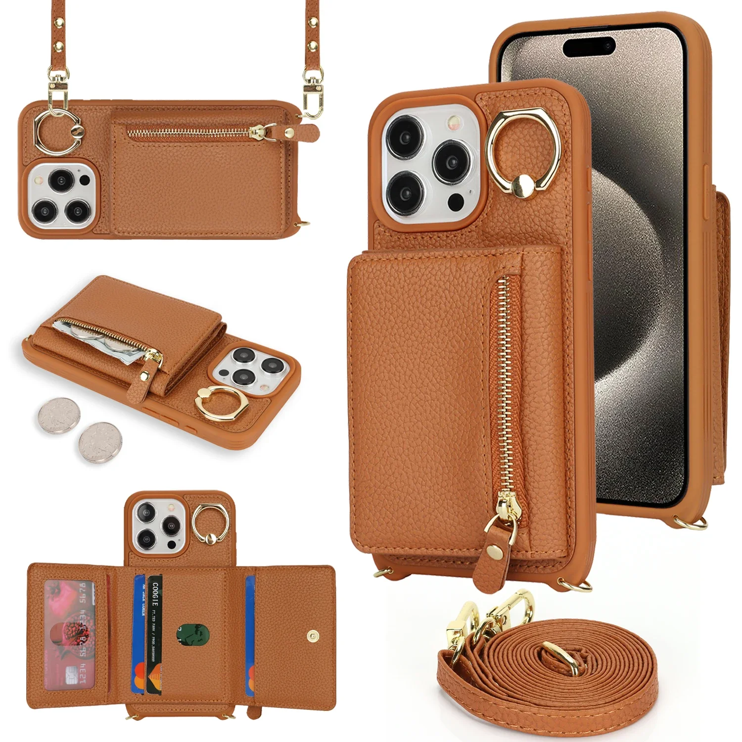 Elegant Crossbody Leather Wallet Case with Ring Holder and Zippered Card Pocket
