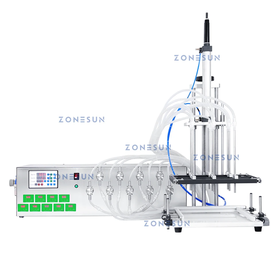 ZONESUN ZS-YTMP9C Auto Lifting Liquid Filling Machine 9 Heads Magnetic Pump Pneumatic Filler Drinks Beverage Production